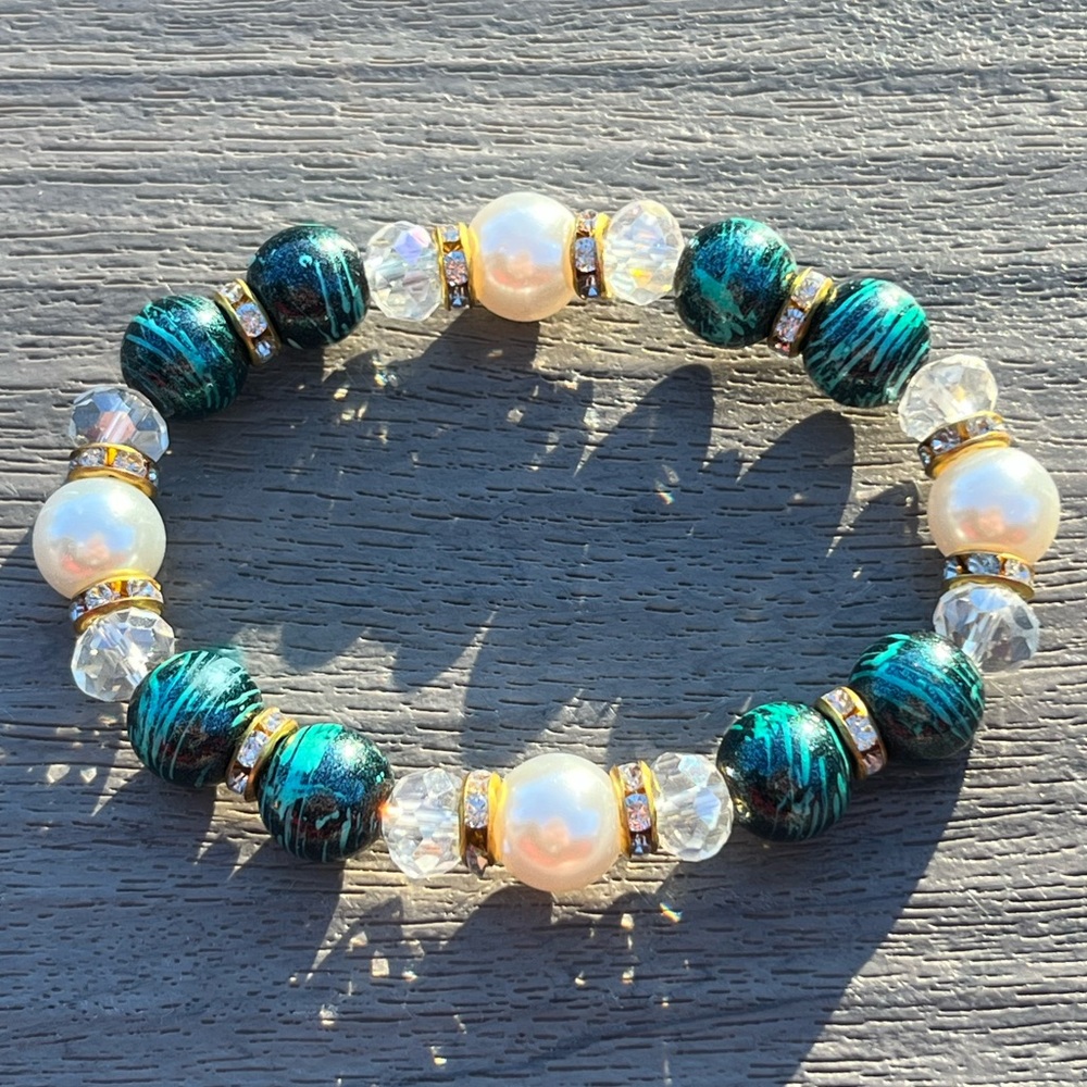 Stretchy Beaded Bracelet; Malachite, Pearls, & Crystal/Crystal Studded Beads